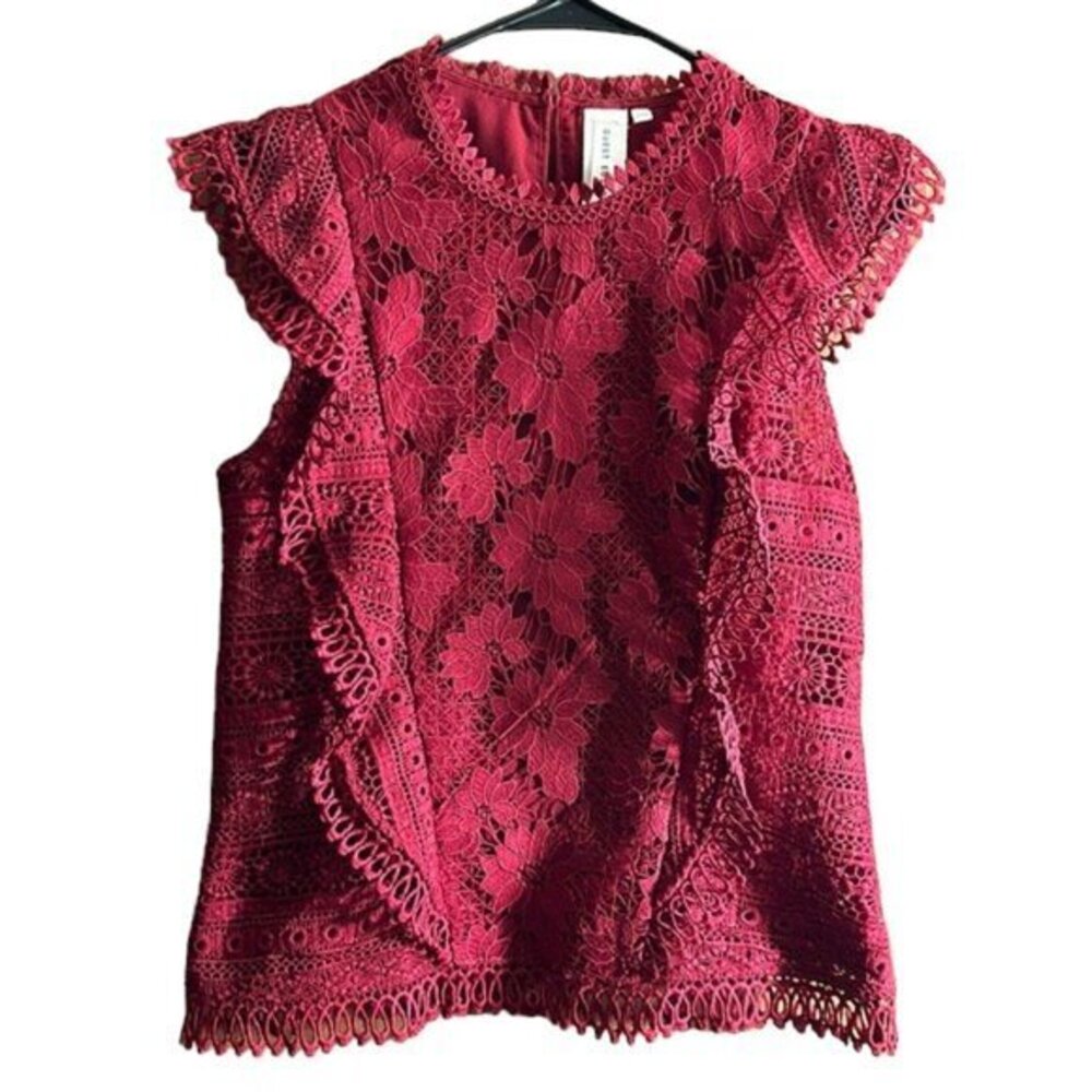 Anthropologie Guest Editor Red Cap Sleeve Lace Blouse Size Small EUC #1062-OAK